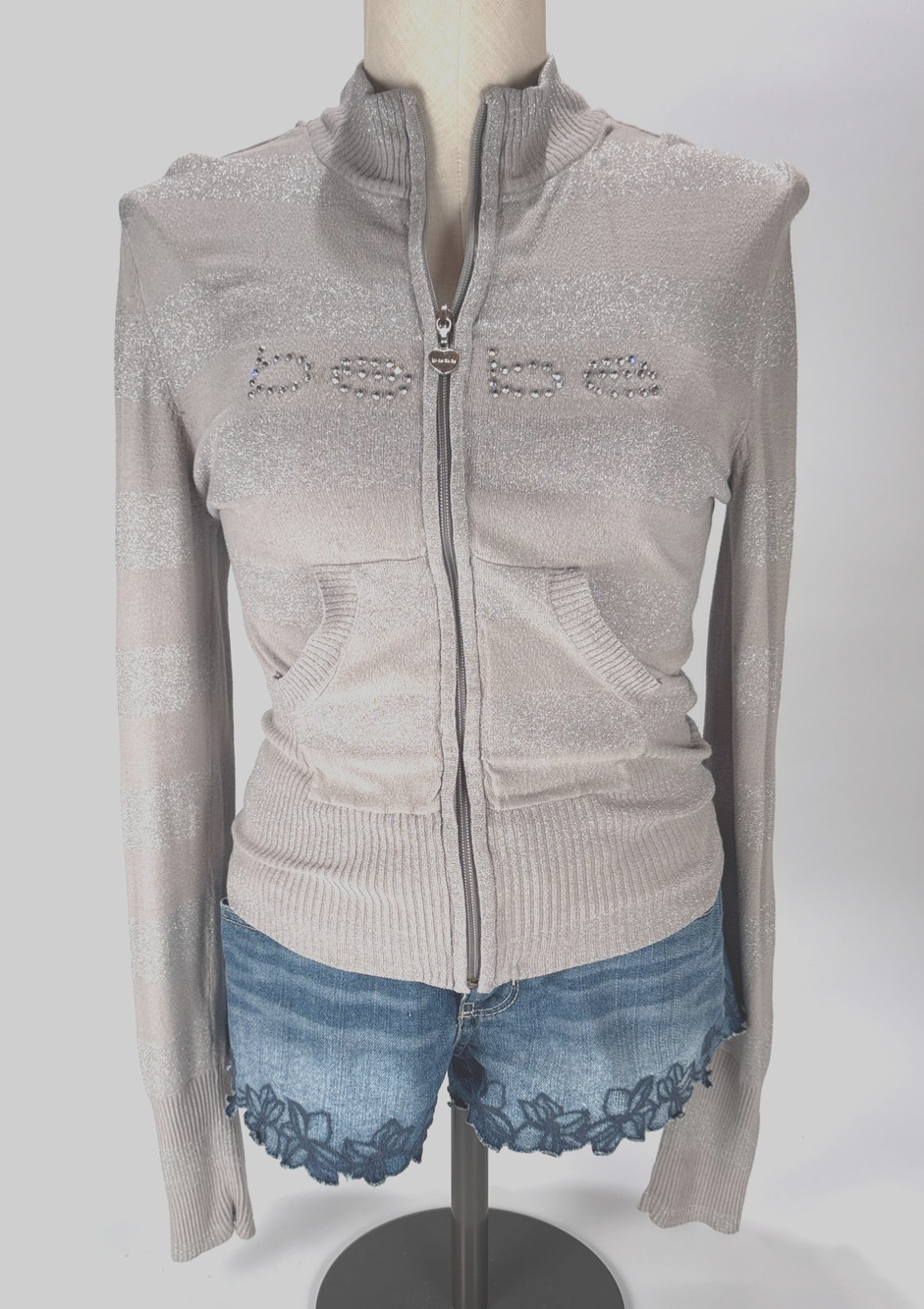 Y2K Bebe LOGO Rhinestone Full Zip Sweater Gray Mock Neck MED Sparkle Jacket